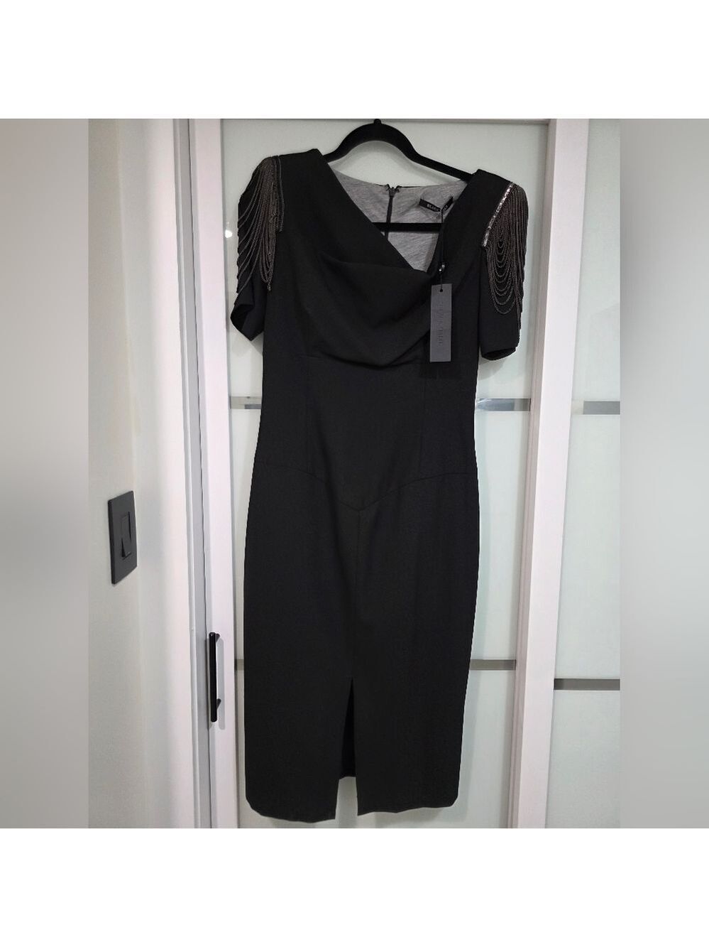 Black Halo Black Midi Dress with Chain Shoulder Detail - Picture 2 of 16